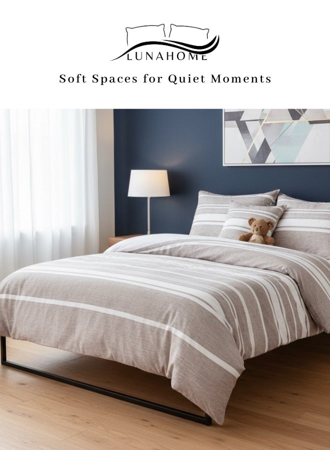 LUNA Home Single Size 4 Pieces set (1 Duvet cover - 160*210cm. 1 Fitted sheet - 100*200+30cm. 2 Pillow cases - 50*75cm.), Bedding set light Brown Stripe Design suitable for kids bedroom, use for single size bed - Image 1